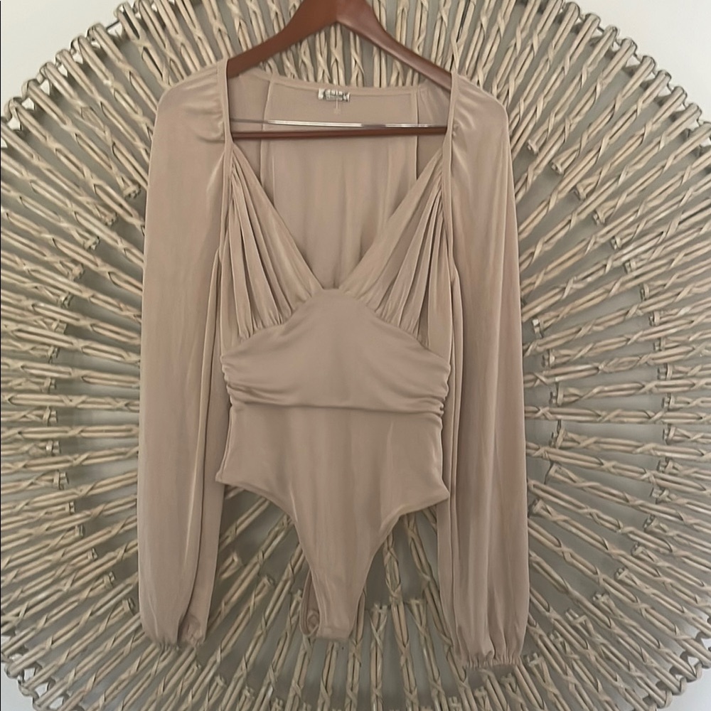 Free People Tan Ruched Fitted Bodysuit